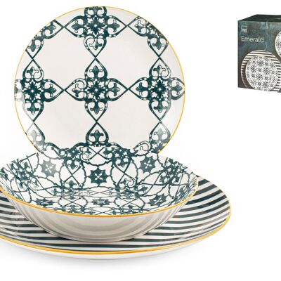 18-piece Emerald dinner set in porcelain, decorated coupe shape. Consisting of 6 flat plates 27 cm, 6 soup plates 20 cm, 6 fruit plates 19 cm.
