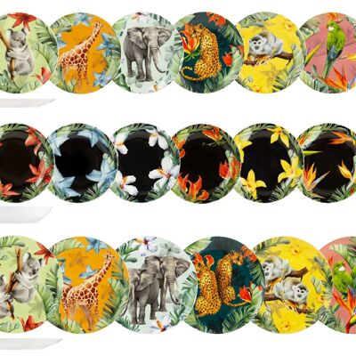 Servicio de mesa Exotic de 18 piezas en porcelana decorada. Compuesto por 6 platos llanos de 27 cm, 6 platos hondos de 20 cm, 6 platos de fruta de 21 cm.
