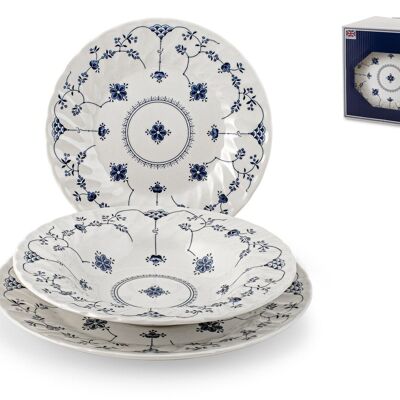 18-piece set Fillandia blue eartenware. Composed of 6 flat plates 26 cm, 6 soup plates 22.5 cm, 6 fruit plates 21 cm.