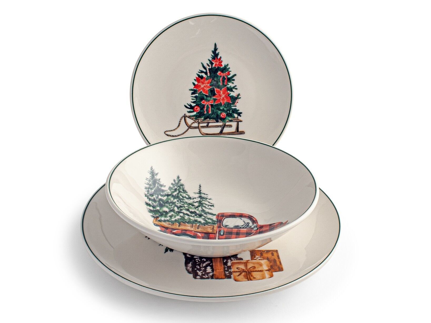 Servizio 18 pezzi tavola Jingle in stoneware decorato. Composto da 6 Piatti piani cm 26, 6 Piatti fondi cm 20,5, 6 Piatti frutta cm 20.