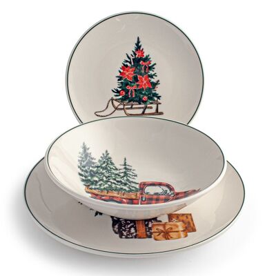 18-teiliges Jingle-Tischset aus dekoriertem Steinzeug. Bestehend aus 6 flachen Tellern 26 cm, 6 Suppentellern 20,5 cm, 6 Obsttellern 20 cm.