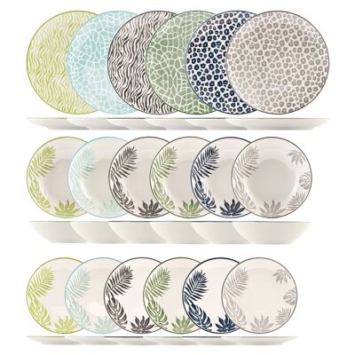 18-piece Jungle table set in decorated stoneware. Consisting of 6 dinner plates 26 cm, 6 soup plates 20.5 cm and 6 fruit plates 20 cm.
