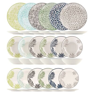 Servizio 18 pezzi tavola Jungle in stoneware decorato. Composto da 6 Piatti piani cm 26, 6 Piatti fondi cm 20,5 e 6 Piatti frutta cm 20.