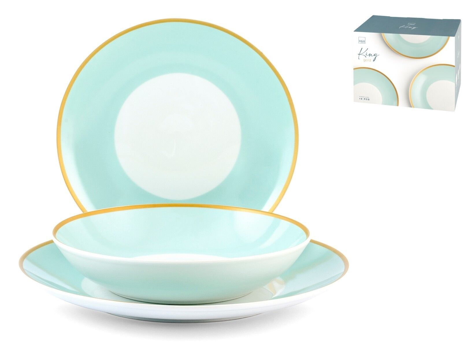 Juego de mesa King de 18 piezas en porcelana decorada. Compuesto por 6 platos llanos de 27 cm, 6 platos hondos de 20 cm, 6 platos de fruta de 21 cm.