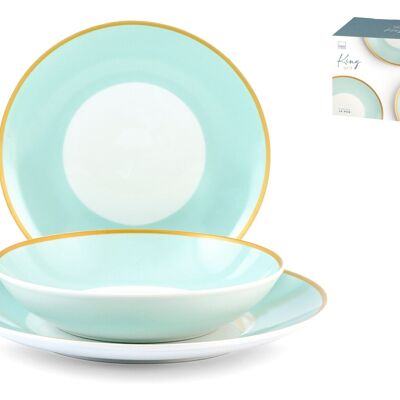 18-piece King table set in decorated porcelain. Consisting of 6 flat plates cm 27, 6 soup plates cm 20, 6 fruit plates cm 21.