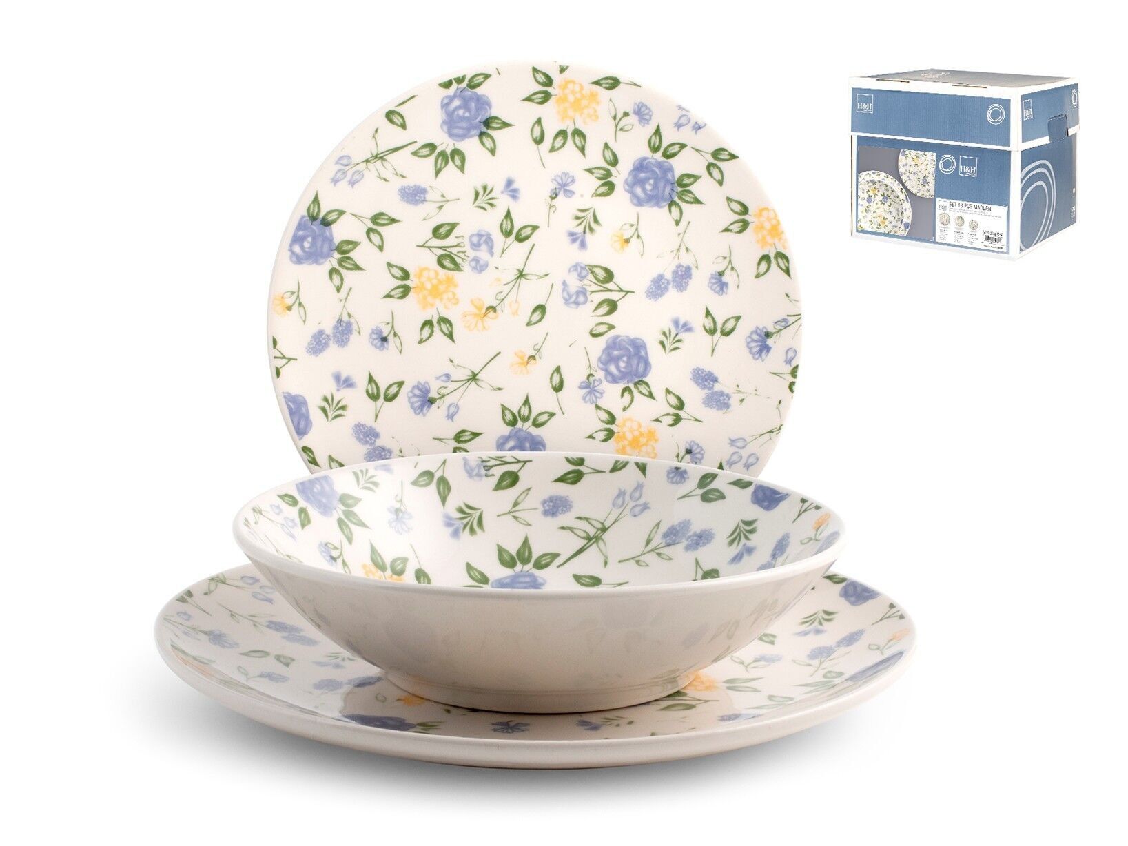 18-teiliges Tafelservice Madlen aus verziertem Steinzeug. Bestehend aus 6 flachen Tellern 26 cm, 6 Suppentellern 20,5 cm, 6 Obsttellern 20 cm