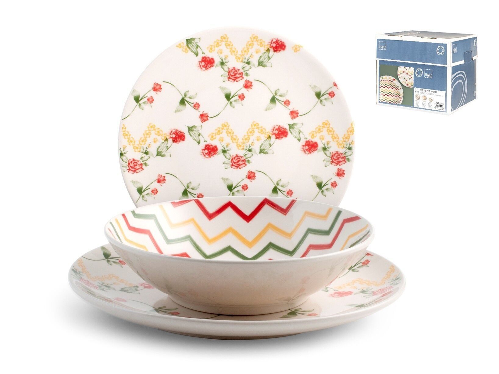 Servizio 18 pezzi tavola Naxos in stoneware decorato. Composto da 6 Piatti piani cm 26, 6 Piatti fondi cm 20,5, 6 Piatti frutta cm 20