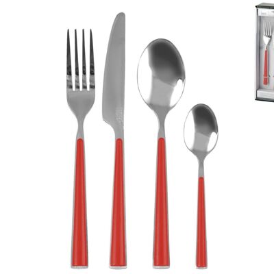Service 24 Stainless steel cutlery Red handle Set Consisting of: 6 Spoons: 4x2.5x19.5 cm Weight: 0.040 gr; 6 Forks: 2,5x2,5x19,5 cm Weight: 0,035 gr; 6 Knives: 2x1.5x21 cm Weight: 0.040 gr; 6 Spoons: 2,5x1,5x13,5 cm Weight: 0,025 gr
