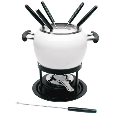 Fondue Enamel Set 11 Pieces White Color Composed of: 1 White Enamel Pot, 1 Stainless Steel Splash Guard, 1 Black Metal Stand, 1 Small Baking Plate with Support Plate, 6 Stainless Steel Forks