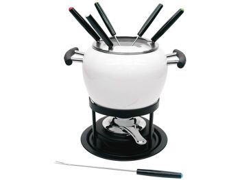 Service à fondue en émail 11 pièces couleur blanche composé de : 1 pot en émail blanc, 1 pare-éclaboussures en acier inoxydable, 1 support en métal noir, 1 petite plaque de cuisson avec plaque de support, 6 fourchettes en acier inoxydable 1