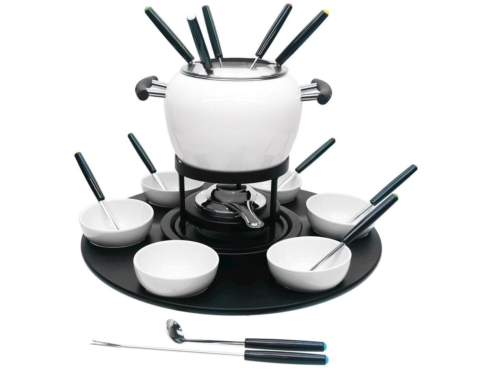 Set Fondut Esmaltado 23 Piezas Color Blanco Compuesto por: 1 Bote Esmaltado, 1 Protector contra Salpicaduras de Acero Inoxidable, 1 Soporte de Metal Negro, 1 Plato Pequeño, 6 Tenedores, 6 Cucharas de Acero Inoxidable, 6 Tazas de Cerámica, 1 Bandeja Giratoria de Madera Negra