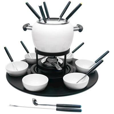 Fondut Enamel Set 23 Pieces White Color Composed of: 1 Enamel Pot, 1 Stainless Steel Splash Guard, 1 Black Metal Stand, 1 Small Plate, 6 Forks, 6 Stainless Spoons, 6 Ceramic Cups, 1 Black Swivel Wooden Tray