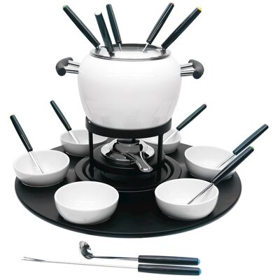 Set Fondut Esmaltado 23 Piezas Color Blanco Compuesto por: 1 Bote Esmaltado, 1 Protector contra Salpicaduras de Acero Inoxidable, 1 Soporte de Metal Negro, 1 Plato Pequeño, 6 Tenedores, 6 Cucharas de Acero Inoxidable, 6 Tazas de Cerámica, 1 Bandeja Giratoria de Madera Negra