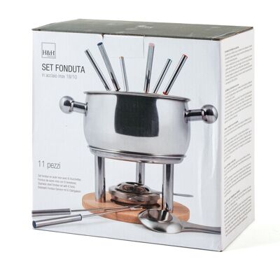 11-piece fondue set in stainless steel. Consisting of a stainless steel saucepan, dishwasher safe, a splash guard. A pedestal with wooden base, 6 steel forks and a combustible paste stove with lid.