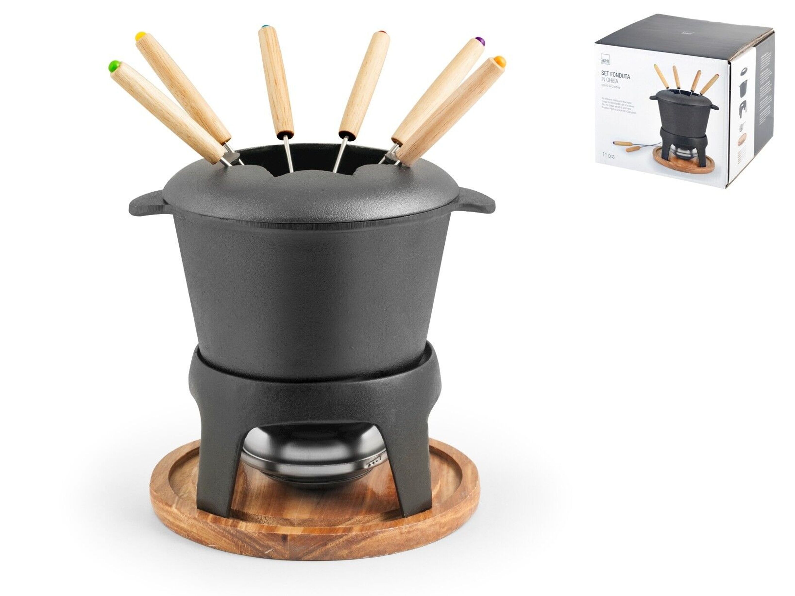 11-piece forks stove; wooden 1 wholesale in Buy 21x16x10 fondue 6 paste cm stainless Consisting h with fuel with saucepan 1 steel iron of: with iron base. set wooden cast cast handle;