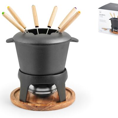11-piece fondue set in cast iron with wooden base. Consisting of: 6 stainless steel forks with wooden handle; 1 fuel paste stove; 1 cast iron saucepan 21x16x10 h cm with splash guard; 1 pedestal cm 17x9 h; 1 wooden base cm 19.5x2 h