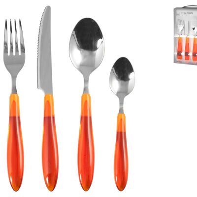 Servizio posate 24 pezzi in acciaio inox con manico in plastica arancio. Composto da: 6 cucchiai cm 4,5x20,5x2,5 h; 6 forchette cm 2,7x20,5x2 h; 6 coltelli cm 2x22,5x1 h; 6 cucchiaini cm 3x16x1,5 h