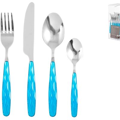 24-piece cutlery set in stainless steel with blue plastic handle and chromed wire stand. Consisting of: 6 spoons cm 4x19.5x2.5 h; 6 forks cm 2,5x19,5x2,5 h; 6 knives 2x21.5x1.5 h cm; 6 teaspoons cm 3x14.5x1.5 h; 1 stand cm 14.5x33.5 h
