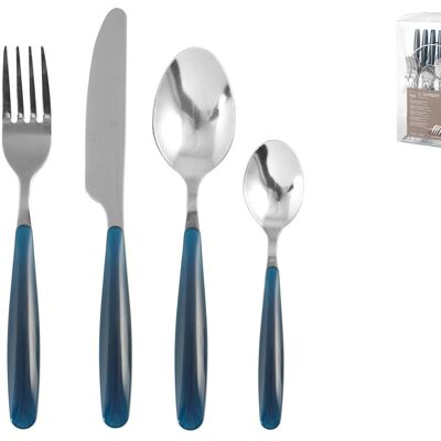 24-piece cutlery set in stainless steel with blue plastic handle and chromed wire stand. Consisting of: 6 spoons 4.3x19.5x2 h cm; 6 forks cm 2,5x19,5x2,5 h; 6 knives 2x21.5x1.5 h cm; 6 teaspoons cm 3x14.5x1.5 h; 1 stand cm 13.5x12.5x24 h