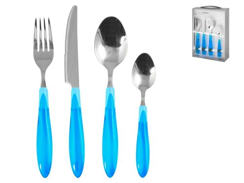 Servizio posate 24 pezzi in acciaio inox con manico in plastica blu. Composto da: 6 cucchiai cm 4,5x20,5x2,5 h; 6 forchette cm 2,7x20,5x2 h; 6 coltelli cm 2x22,5x1 h; 6 cucchiaini cm 3x16x1,5 h
