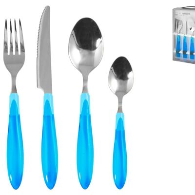 Servizio posate 24 pezzi in acciaio inox con manico in plastica blu. Composto da: 6 cucchiai cm 4,5x20,5x2,5 h; 6 forchette cm 2,7x20,5x2 h; 6 coltelli cm 2x22,5x1 h; 6 cucchiaini cm 3x16x1,5 h
