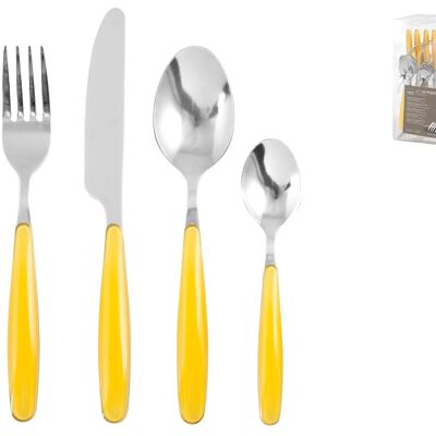 Servizio posate 24 pezzi in acciaio inox con manico in plastica giallo e stand in in filo cromato. Composto da: 6 cucchiai cm 4,3x19,5x2 h; 6 forchette cm 2,5x19,5x2,5 h; 6 coltelli cm 2x21,5x1,5 h; 6 cucchiaini cm 3x14,5x1,5 h; 1 stand cm 13,5x12,5x24 h