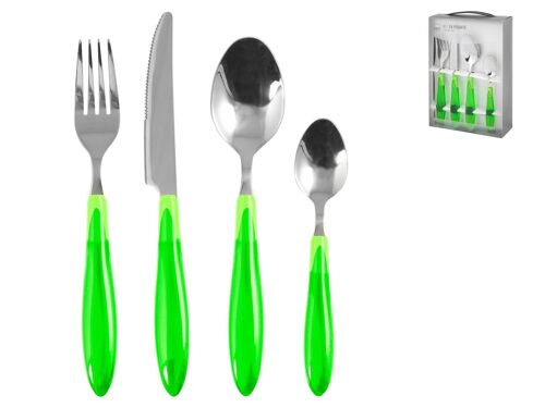 Servizio posate 24 pezzi in acciaio inox con manico in plastica verde. Composto da: 6 cucchiai cm 4,5x20,5x2,5 h; 6 forchette cm 2,7x20,5x2 h; 6 coltelli cm 2x22,5x1 h; 6 cucchiaini cm 3x16x1,5 h