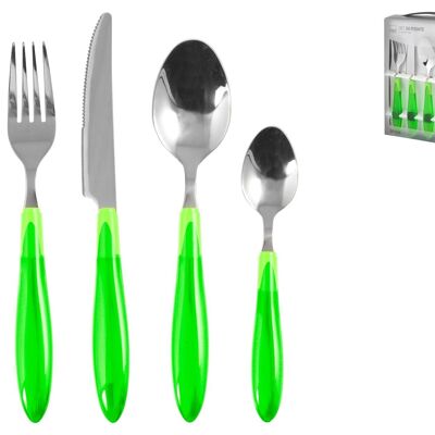 Servizio posate 24 pezzi in acciaio inox con manico in plastica verde. Composto da: 6 cucchiai cm 4,5x20,5x2,5 h; 6 forchette cm 2,7x20,5x2 h; 6 coltelli cm 2x22,5x1 h; 6 cucchiaini cm 3x16x1,5 h