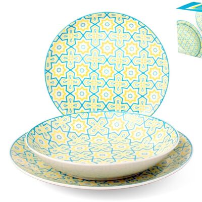 Servicio de mesa coupé Jacquard de 12 piezas en porcelana decorada. Compuesto por: 4 platos llanos 24x3 h cm; 4 platos hondos cm 20x4,5 h; 4 platos de frutas 19x2 cm h