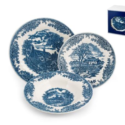 Table Service 18 pieces BrookBlue in eartè nware. Consisting of: 6 flat plates 25x2.5 h cm; 6 soup plates cm 22x3.5 h; 6 Fruit plates 20x2 cm h