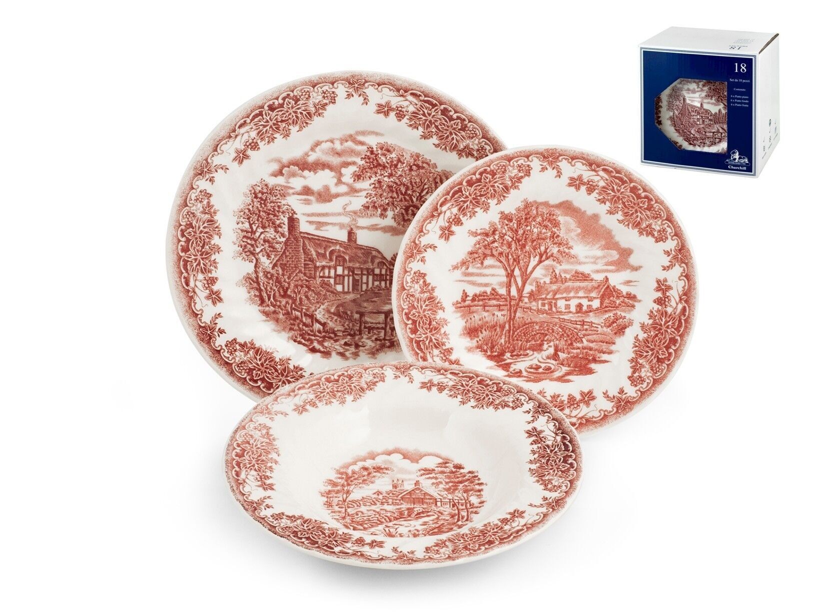 Servizio Tavola 18 pezzi Brookpink in eartè nware. Composto da: 6 Piatti piani cm 25x2,5 h; 6 Piatti fondi cm 22x3,5 h; 6 Piatti frutta cm 20x2 h