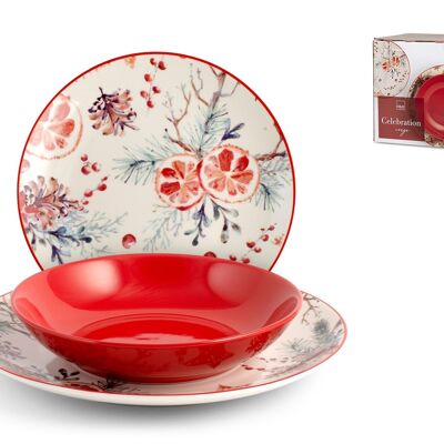 18-piece Celebration red porcelain table set consisting of 6 dinner plates 26.5 cm, 6 soup plates 20 cm, 6 fruit plates 18.5 cm.