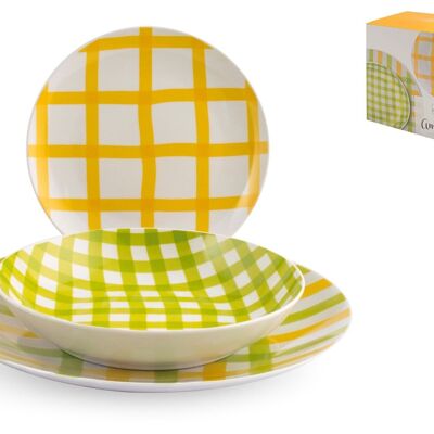 Servicio de mesa cupé Amalfi de 18 piezas en porcelana decorada. Compuesto por: 6 platos llanos 27x3 h cm; 6 platos hondos cm 20x4,5 h; 6 platos de frutas cm 19x2 h