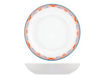 Service de table 18 pièces coupe Loira en porcelaine décorée. Composé de : 6 assiettes plates cm 27x3 h ; 6 assiettes creuses cm 20x4 h; 6 assiettes à fruits cm 19x2 h 9