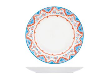 Service de table 18 pièces coupe Loira en porcelaine décorée. Composé de : 6 assiettes plates cm 27x3 h ; 6 assiettes creuses cm 20x4 h; 6 assiettes à fruits cm 19x2 h 10