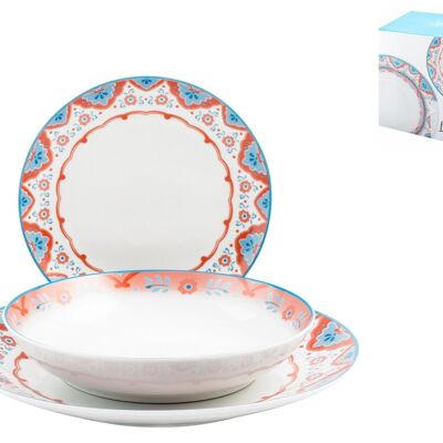 Servicio de mesa coupé Loira de 18 piezas en porcelana decorada. Compuesto por: 6 platos llanos 27x3 h cm; 6 platos hondos cm 20x4 h; 6 platos de frutas cm 19x2 h