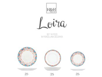 Service de table 18 pièces coupe Loira en porcelaine décorée. Composé de : 6 assiettes plates cm 27x3 h ; 6 assiettes creuses cm 20x4 h; 6 assiettes à fruits cm 19x2 h 2