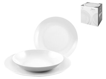 Service de table 18 pièces coupé Saturno en porcelaine décorée. Composé de : 6 assiettes plates cm 27x3 h, gr 0,650 ; 6 assiettes creuses 20,5x4 cm h 0,445 g; 6 assiettes de fruits 19x2,5 cm h, 0,310 g 5