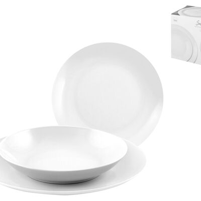 Service de table 18 pièces coupé Saturno en porcelaine décorée. Composé de : 6 assiettes plates cm 27x3 h, gr 0,650 ; 6 assiettes creuses 20,5x4 cm h 0,445 g; 6 assiettes de fruits 19x2,5 cm h, 0,310 g