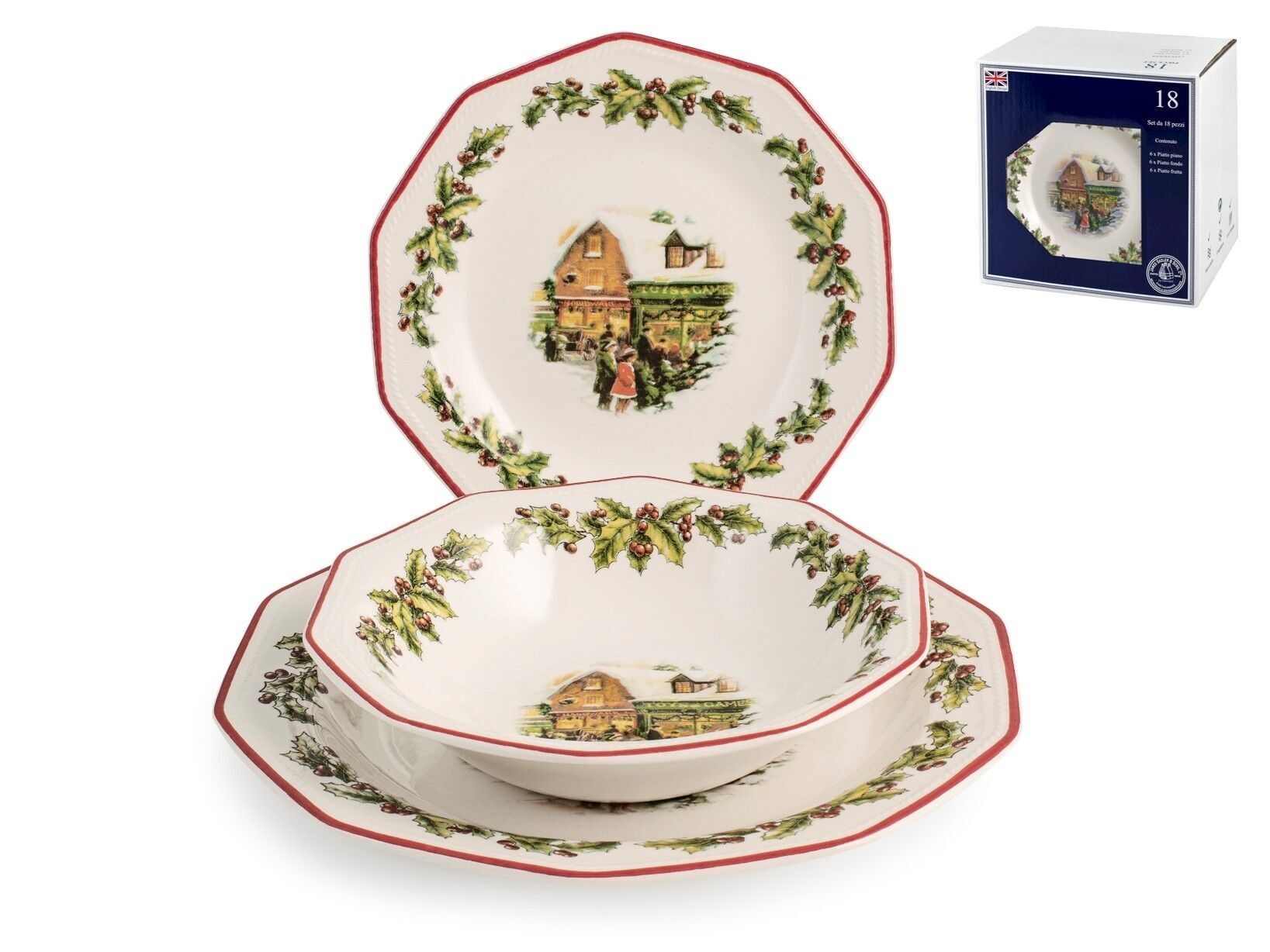 Servicio de mesa 18 piezas Holly Toys en loza. Compuesto por: 6 platos llanos de 27 cm, 6 platos hondos de 20,5 cm, 6 platos de fruta de 20,5 cm