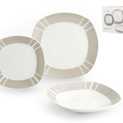 Table Service 18 Pieces in Porcelain Quadro: Consisting of: 6 Flat Plates 25x2x25 cm 0.690 kg, 6 Deep Plates 21.5x3.5x21.5 cm 0.440 kg, 6 Fruit Plates 18.5x2x18.5 cm 0.355 kg