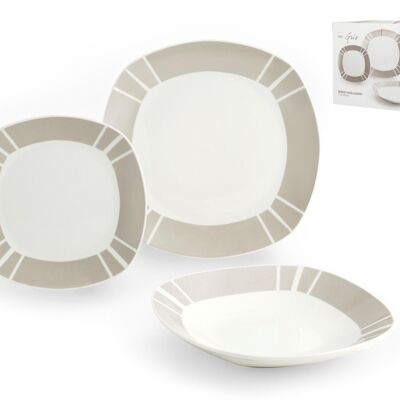 Servicio de Mesa 18 Piezas en Porcelana Quadro: Compuesto por: 6 Platos Llanos 25x2x25 cm 0,690 kg, 6 Platos Hondos 21,5x3,5x21,5 cm 0,440 kg, 6 Platos Fruta 18,5x2x18,5 cm 0,355 kg