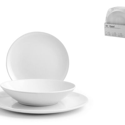 Service de table 18 pièces Kemi en grès blanc. Composé de 6 assiettes plates 27 cm, 6 assiettes creuses 20,5 cm, 6 assiettes fruits 20,5 cm.