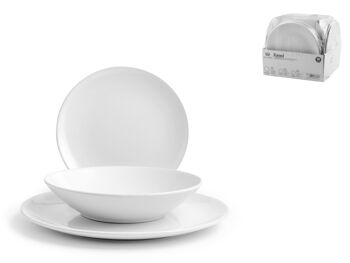 Service de table 18 pièces Kemi en grès blanc. Composé de 6 assiettes plates 27 cm, 6 assiettes creuses 20,5 cm, 6 assiettes fruits 20,5 cm. 1