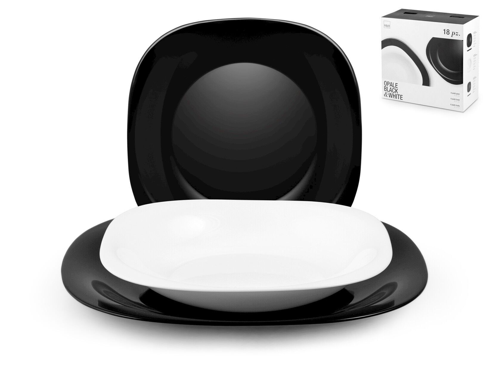Servicio de Mesa 18 piezas Blanco y Negro opal. Compuesto por: tapa 26x2x26 peso 0,540 kg; fondo 21x3,5x21 peso 0,360 kg; fruta 19x1,5x19 peso 0,280 kg