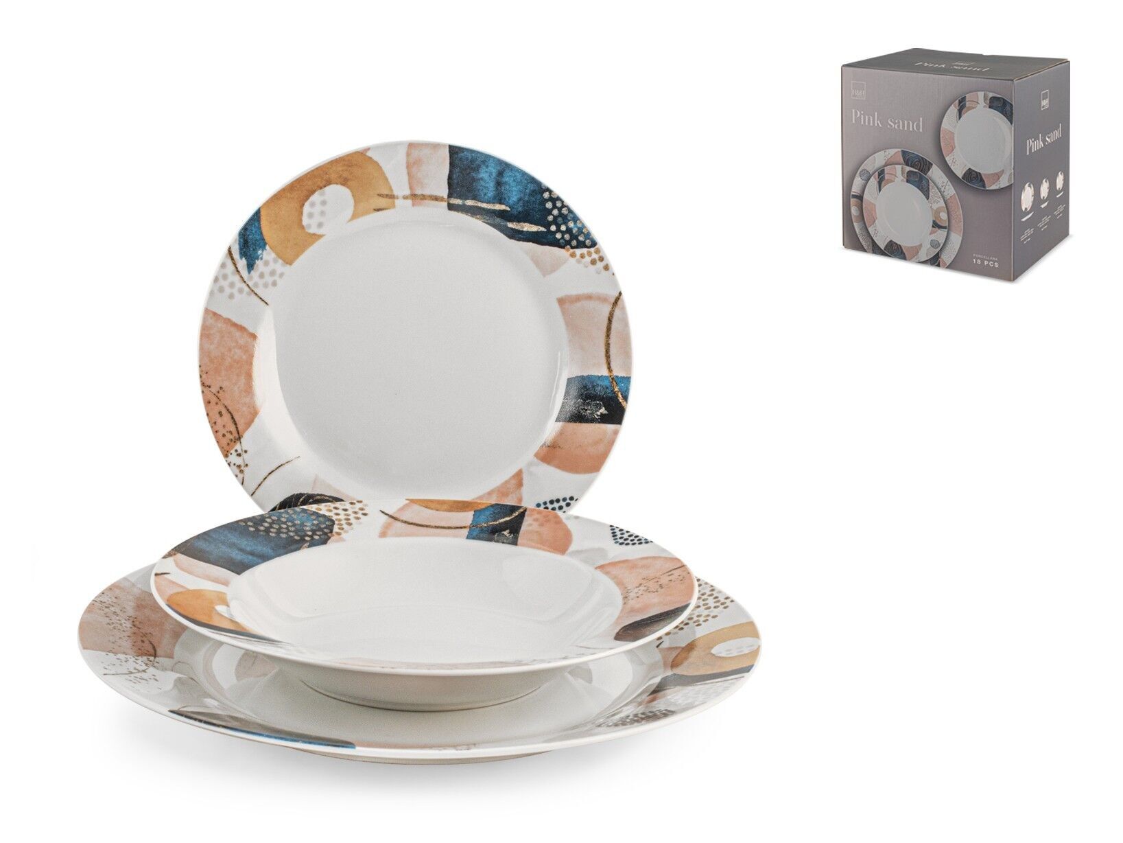 Servicio de Mesa 18 piezas Pinksand en porcelana decorada en forma de ala. Juego compuesto por 6 platos llanos de 27 cm, 6 platos hondos de 22 cm, 6 platos de fruta de 19 cm