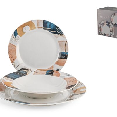 Servicio de Mesa 18 piezas Pinksand en porcelana decorada en forma de ala. Juego compuesto por 6 platos llanos de 27 cm, 6 platos hondos de 22 cm, 6 platos de fruta de 19 cm