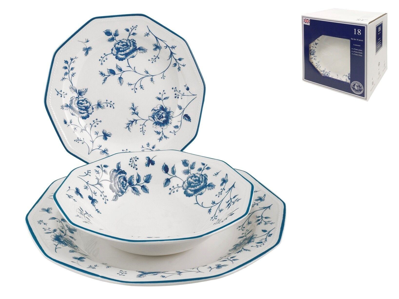 Servizio Tavola 18 pezzi Rose Blue in eartè nware. Composto da: 6 Piatti piani cm 27x2 h; 6 Piatti fondi cm 20x4,5 h; 6 Piatti frutta cm 20x1,5 h