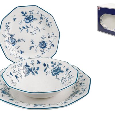 Table Service 18 pieces Rose Blue in eartè nware. Consisting of: 6 flat plates cm 27x2 h; 6 soup plates cm 20x4,5 h; 6 fruit plates 20x1.5 cm h