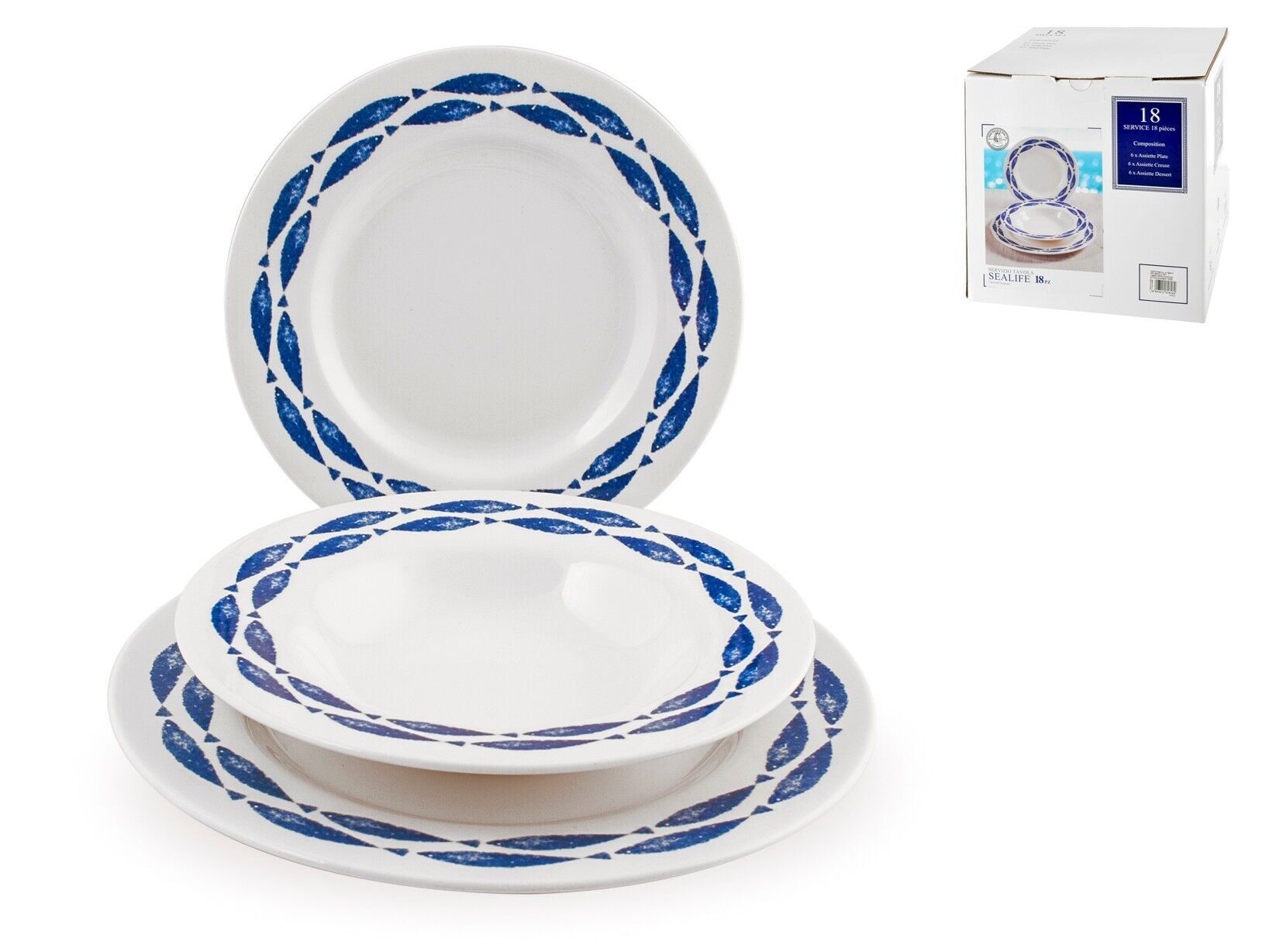 Servizio Tavola 18 pezzi Sea Life in eartè nware decorato. Composto da: 6 Piatti piani cm 27,5x2,5 h; 6 Piatti fondi cm 23x4 h; 6 Piatti frutta cm 21,5x2 h